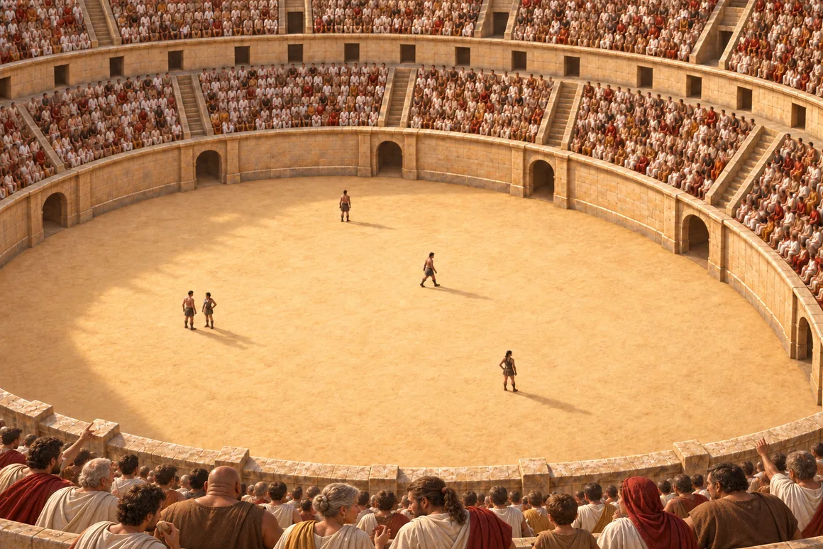 Inside the Harena: the stands packed with citizens, five gladiators alone on the sand